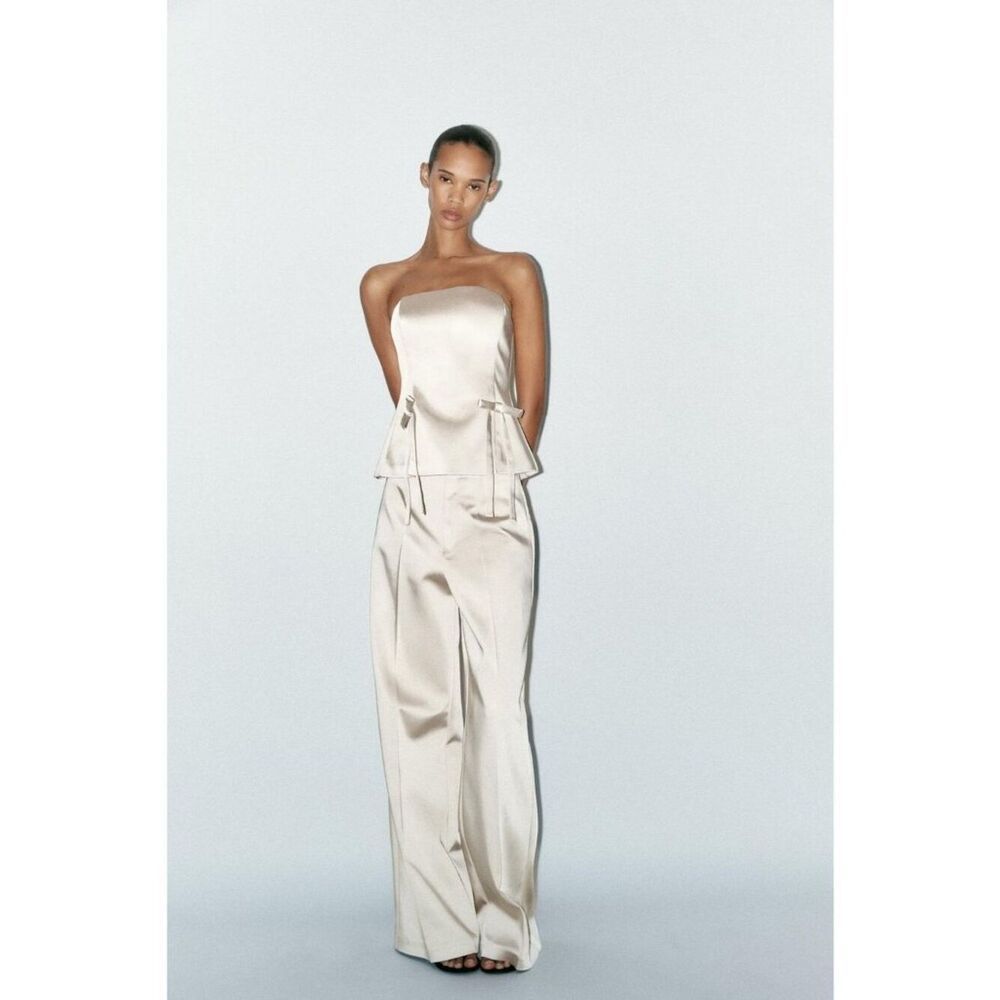 Zara Womens High-Waisted Satin Trousers Small S Pants beige 1255/442 NWOT
